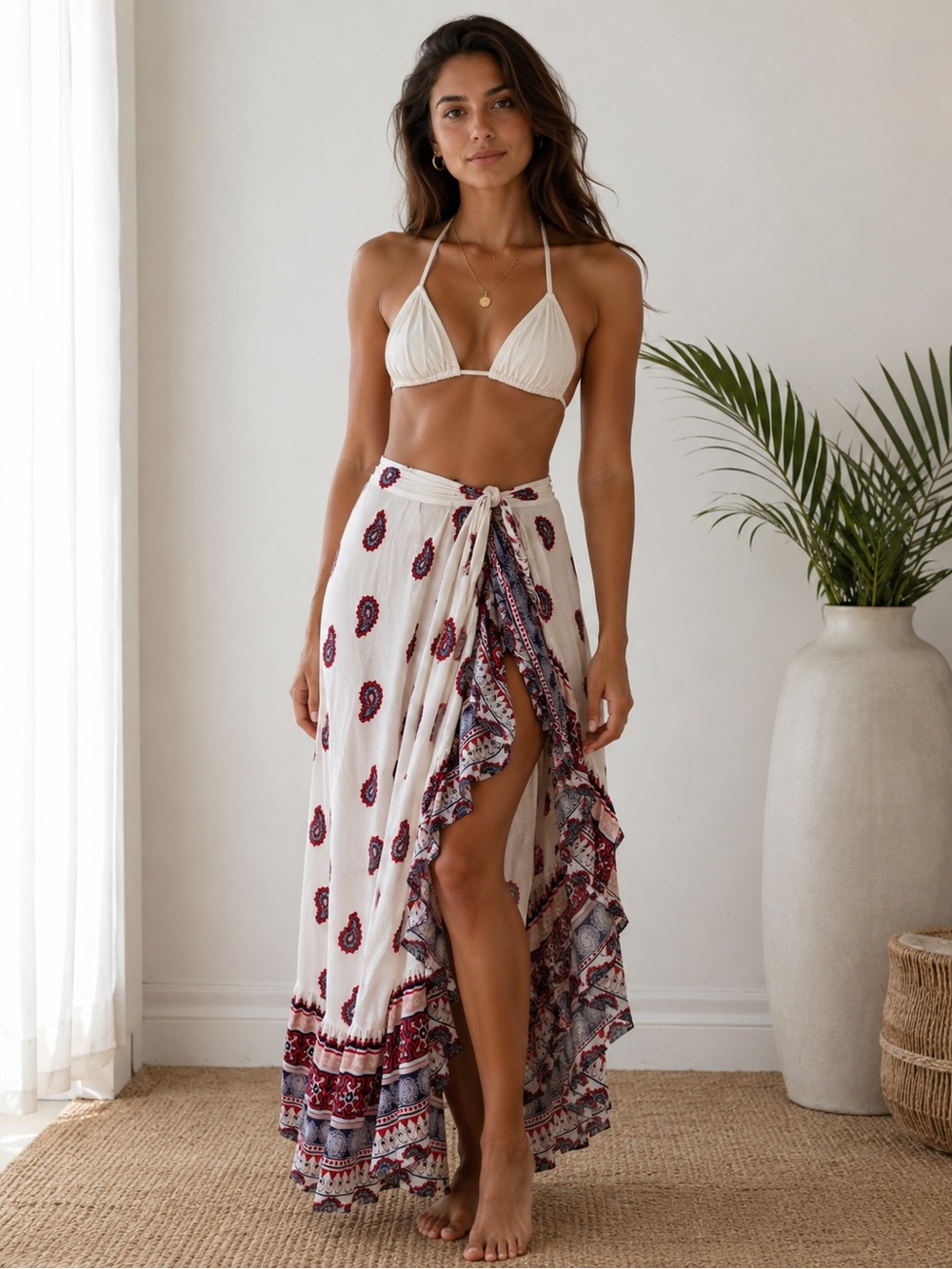 Bohemian White High-Low Wrap Skirt with Red Paisley